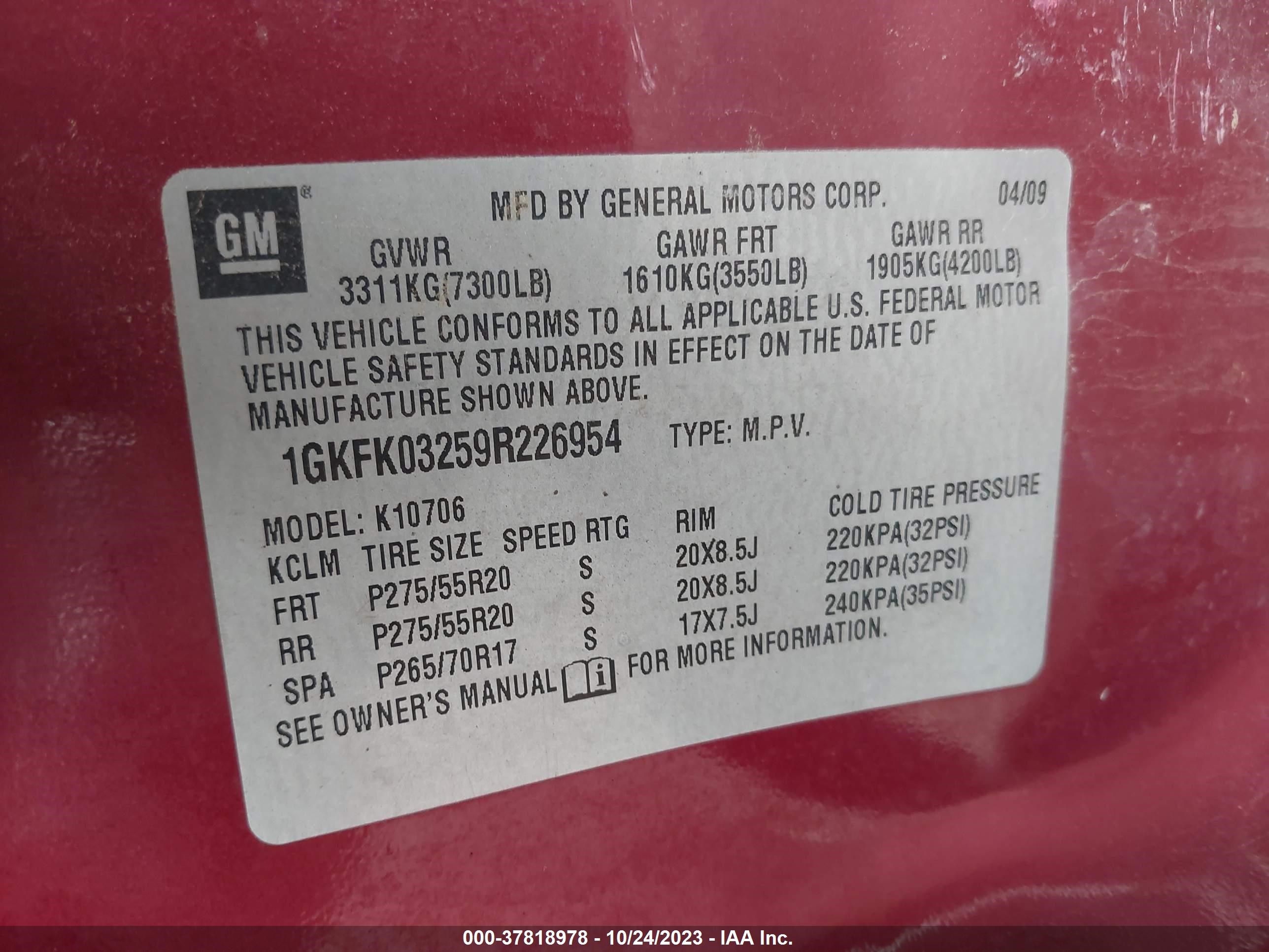 Photo 8 VIN: 1GKFK03259R226954 - GMC YUKON 