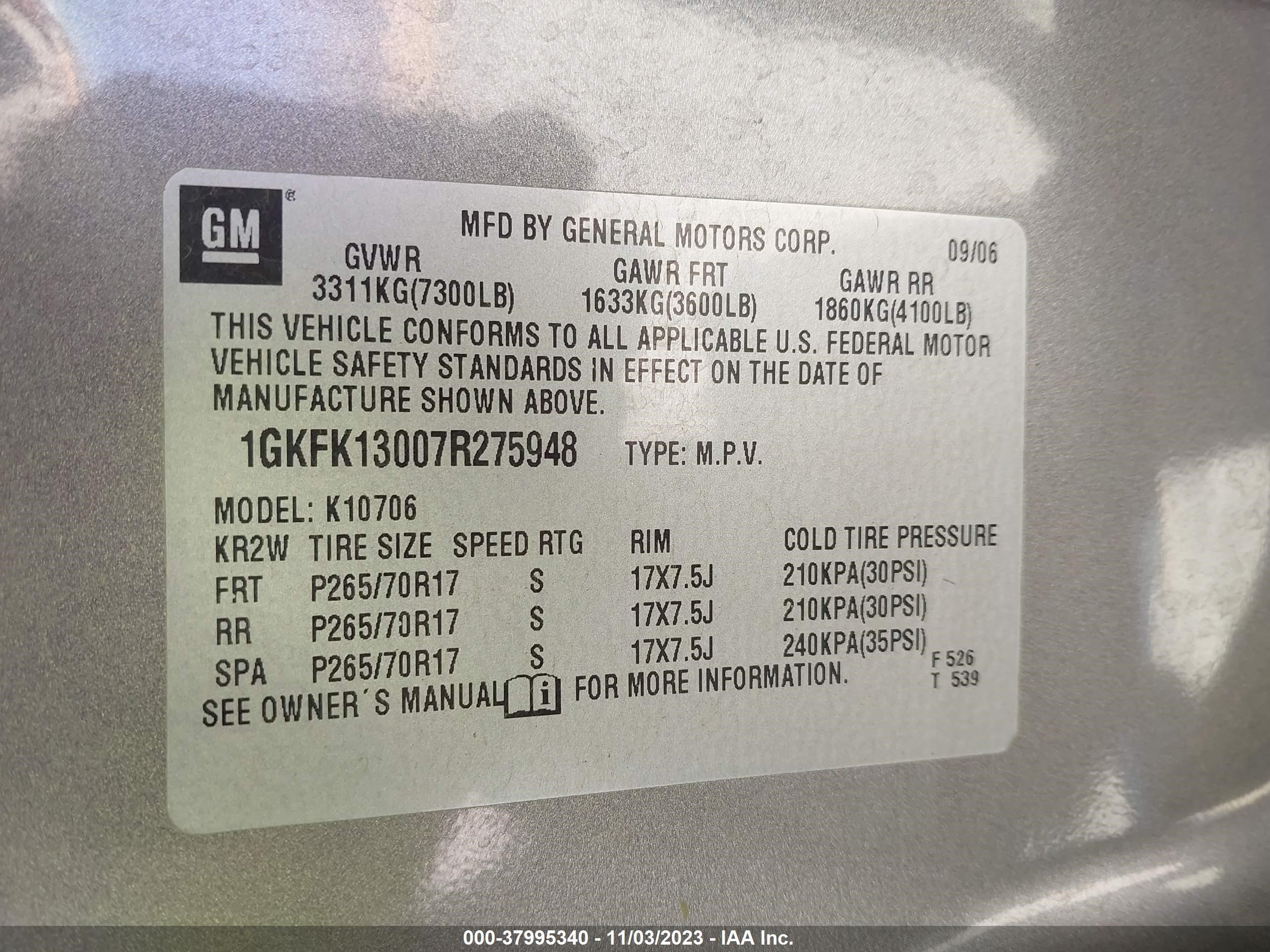 Photo 8 VIN: 1GKFK13007R275948 - GMC YUKON 