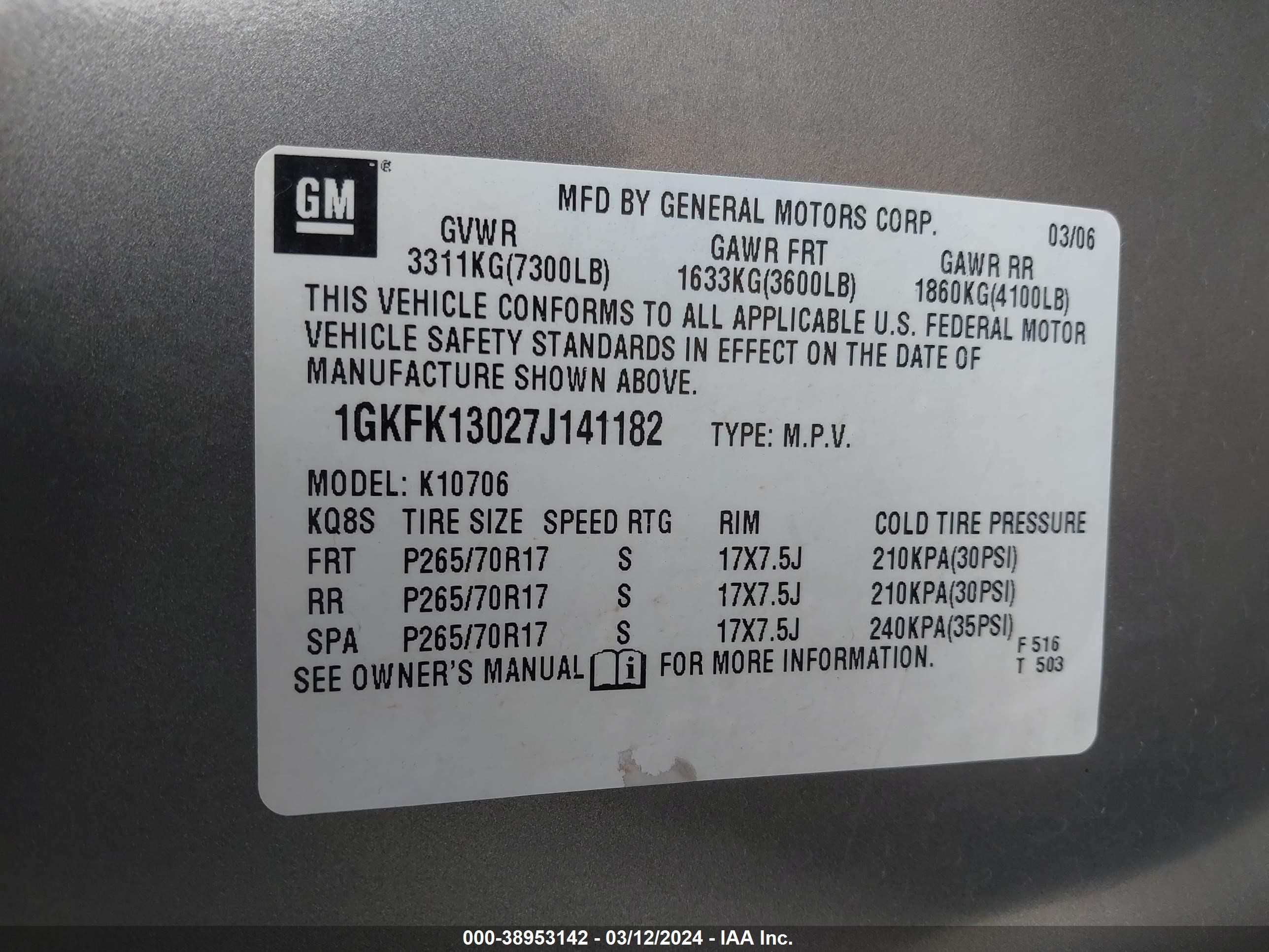 Photo 8 VIN: 1GKFK13027J141182 - GMC YUKON 