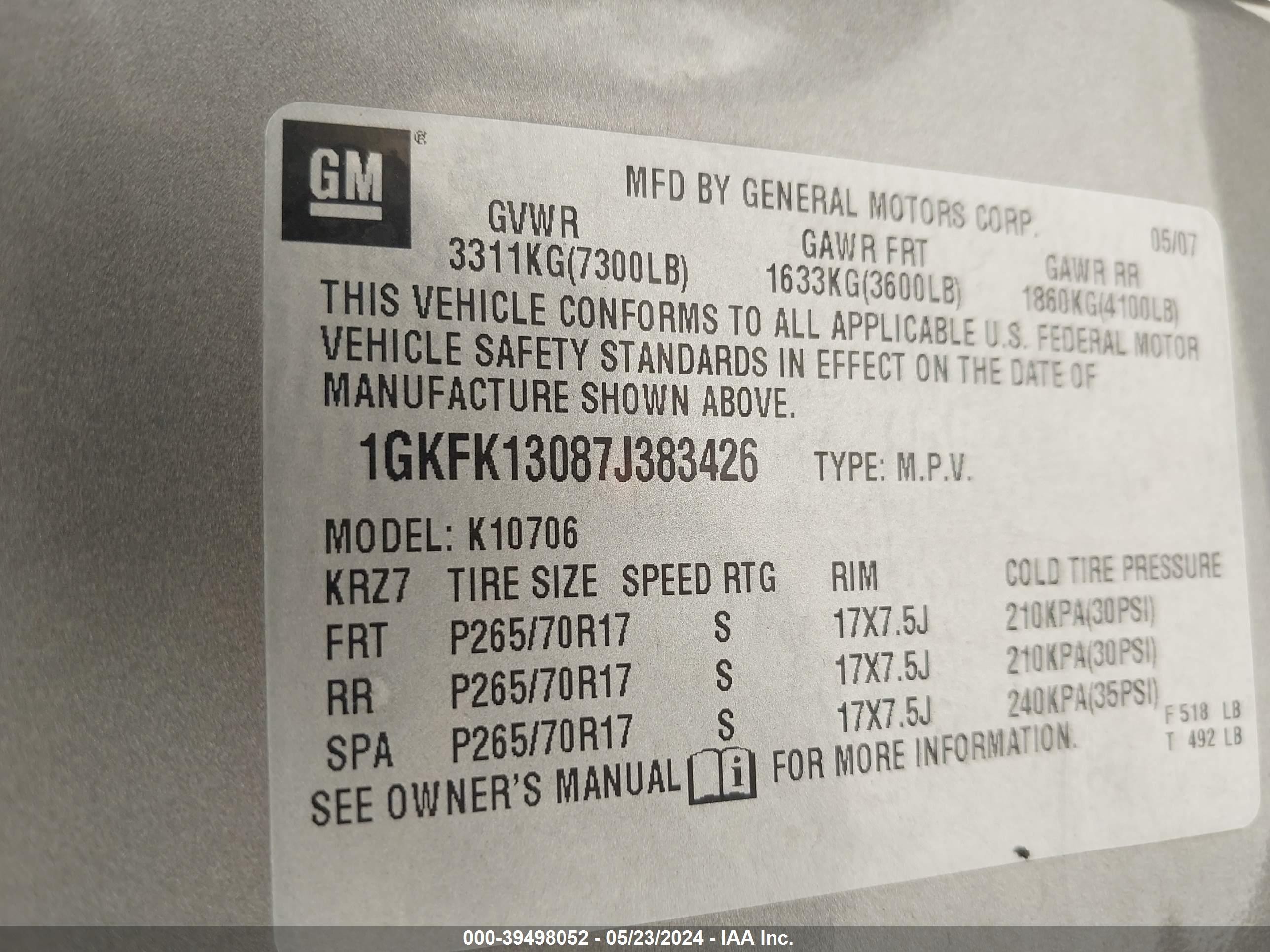 Photo 8 VIN: 1GKFK13087J383426 - GMC YUKON 