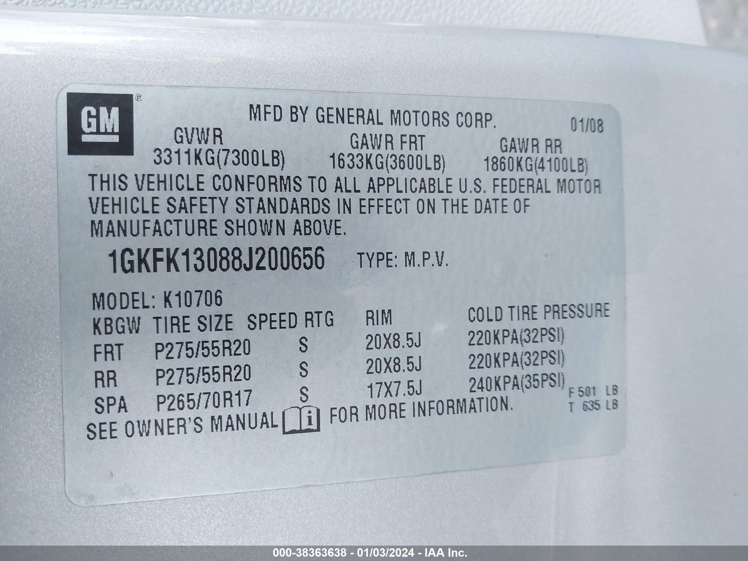 Photo 8 VIN: 1GKFK13088J200656 - GMC YUKON 