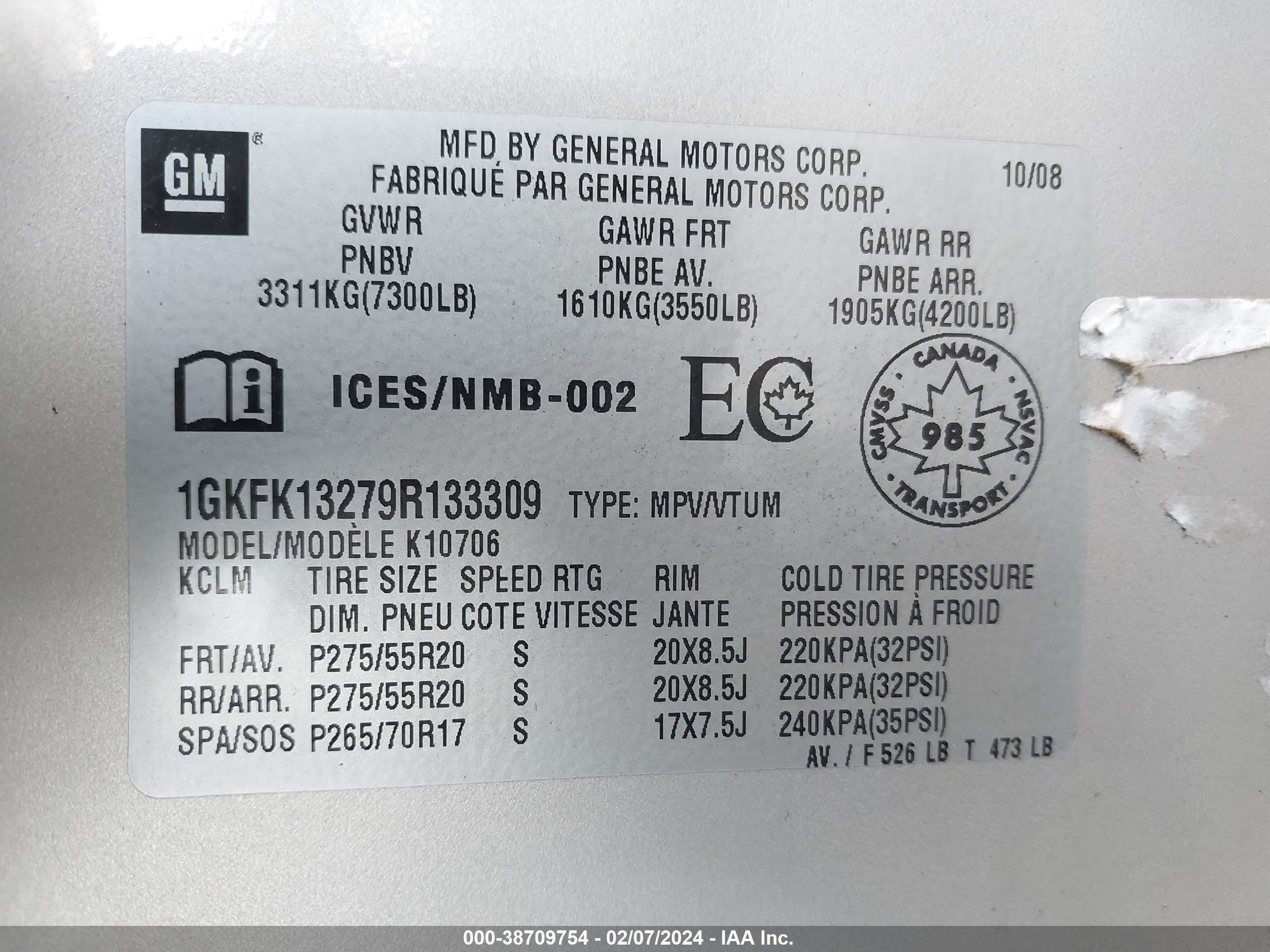 Photo 8 VIN: 1GKFK13279R133309 - GMC YUKON 