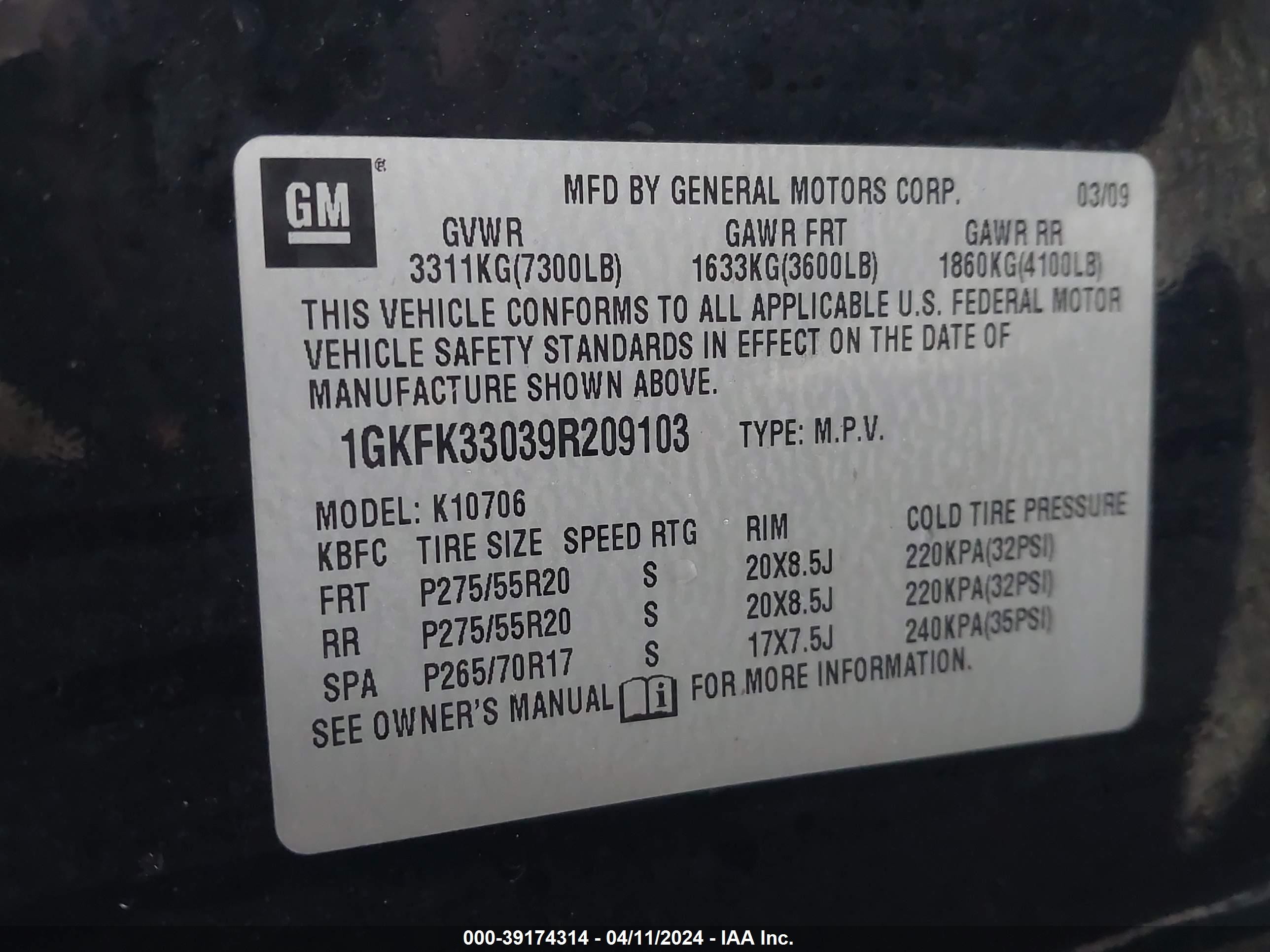 Photo 8 VIN: 1GKFK33039R209103 - GMC YUKON 