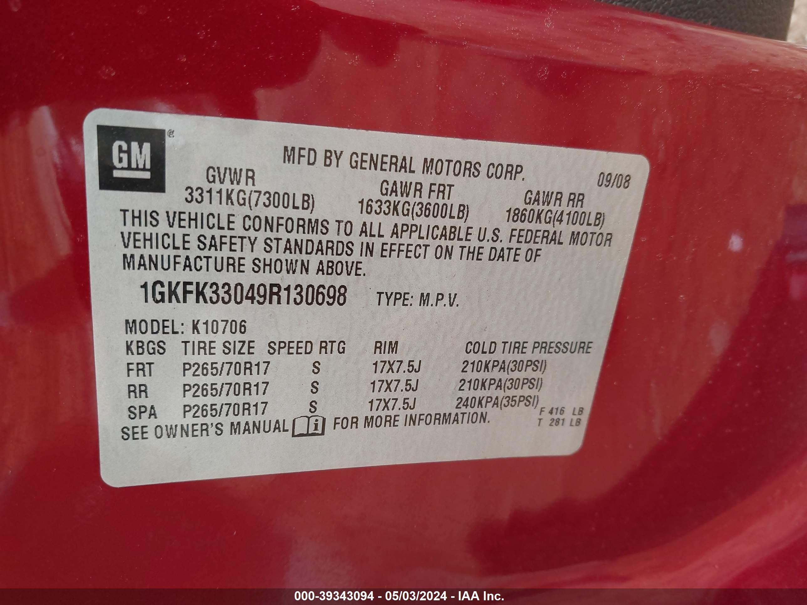 Photo 8 VIN: 1GKFK33049R130698 - GMC YUKON 