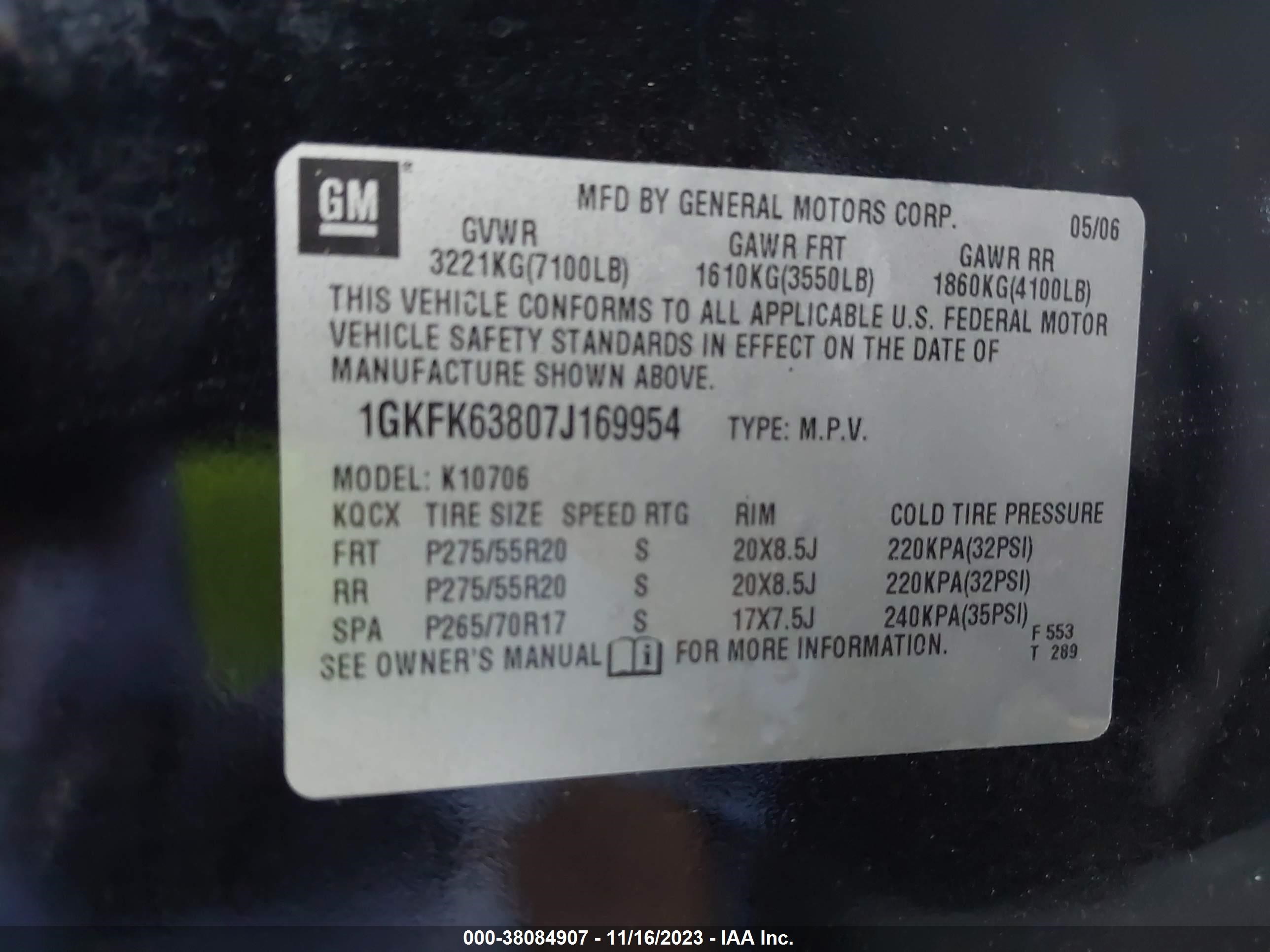 Photo 8 VIN: 1GKFK63807J169954 - GMC YUKON 