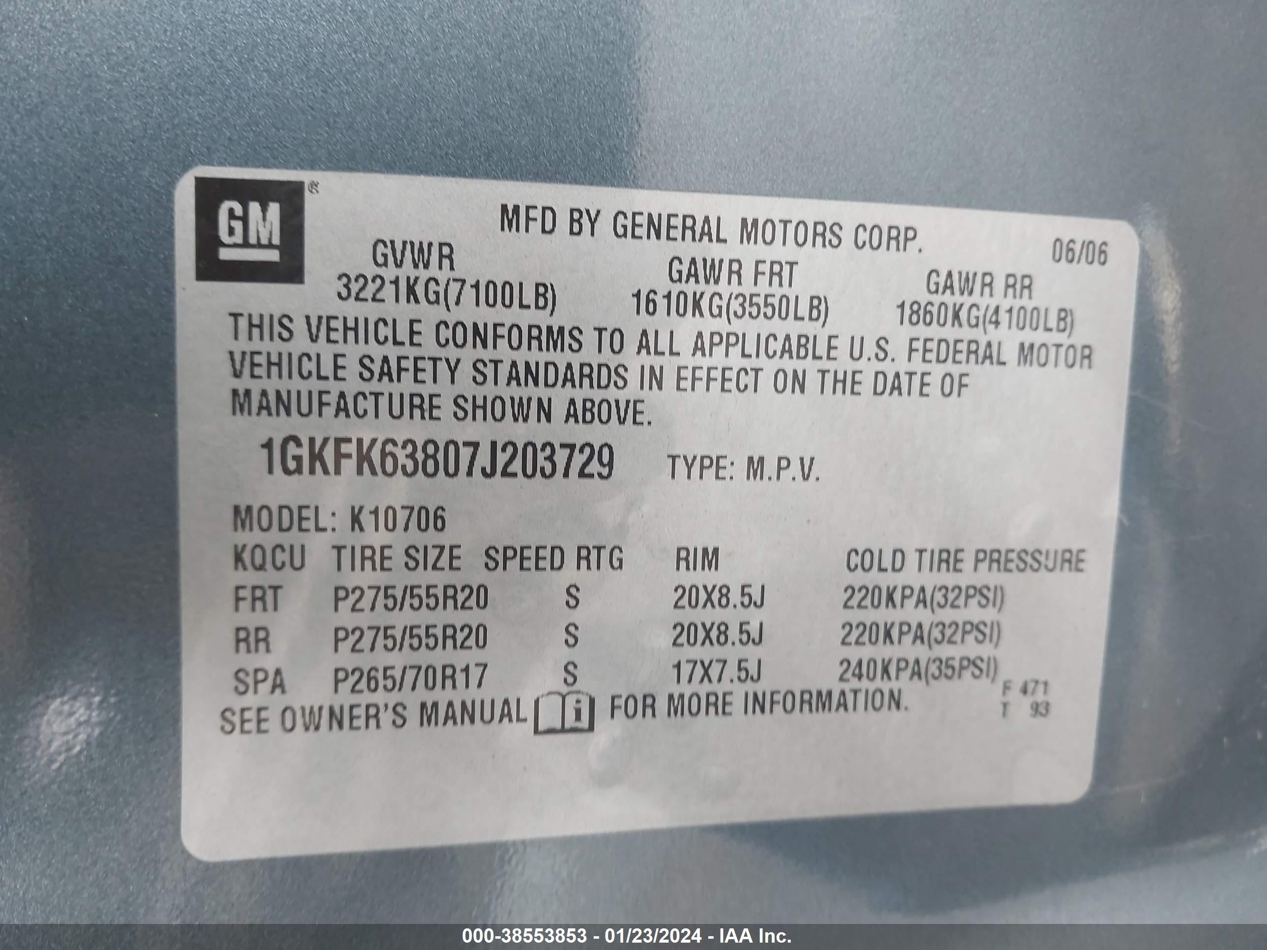 Photo 8 VIN: 1GKFK63807J203729 - GMC YUKON 