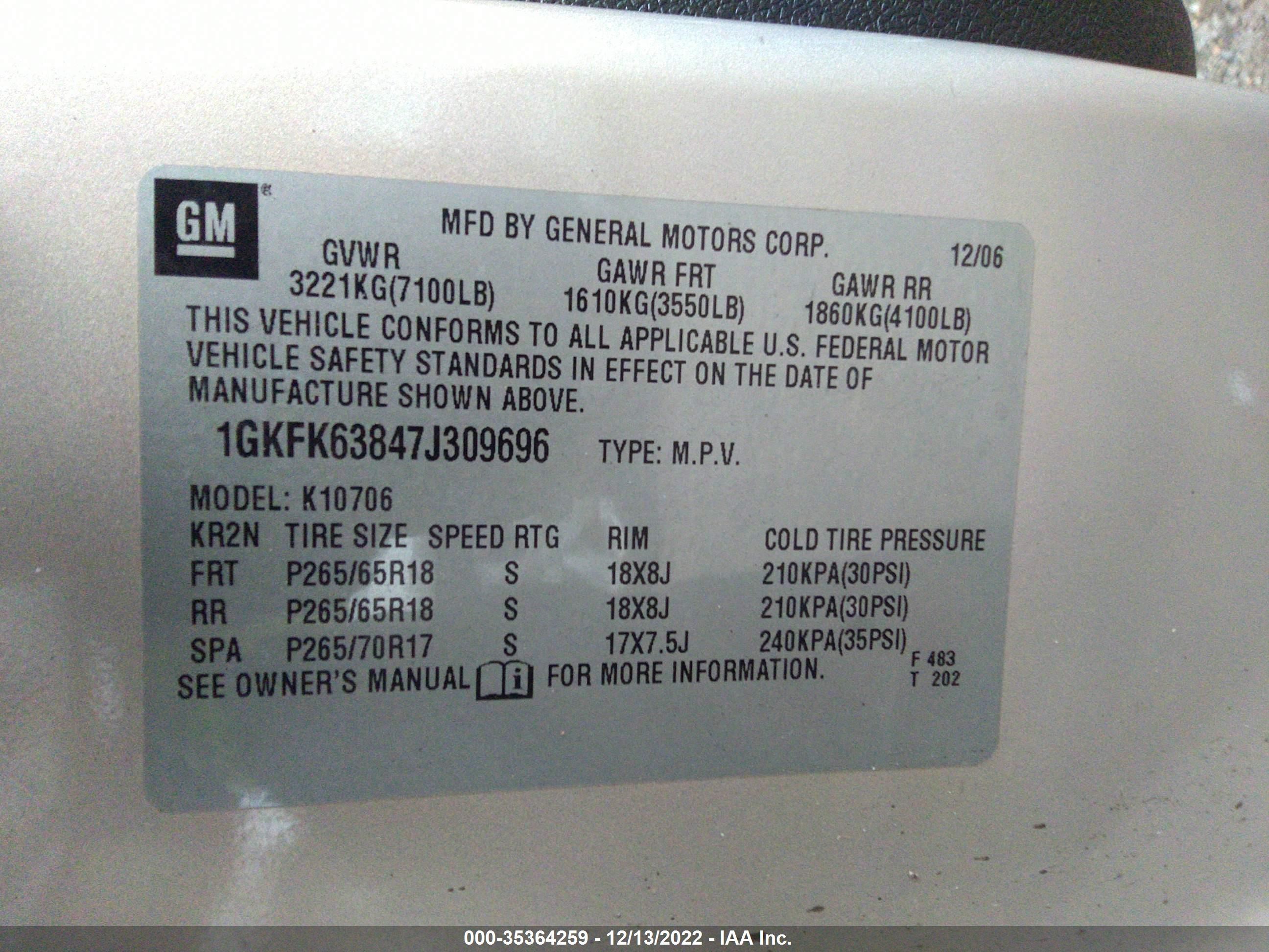 Photo 8 VIN: 1GKFK63847J309696 - GMC YUKON 