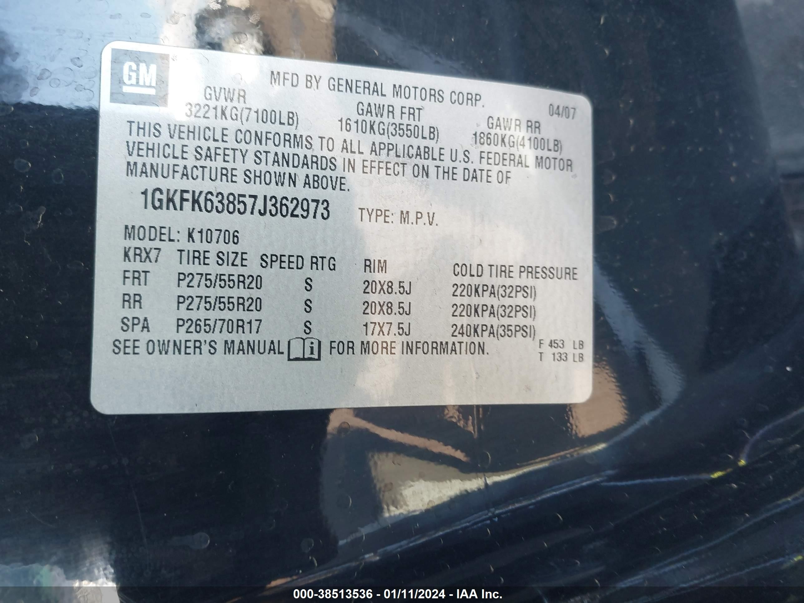 Photo 8 VIN: 1GKFK63857J362973 - GMC YUKON 