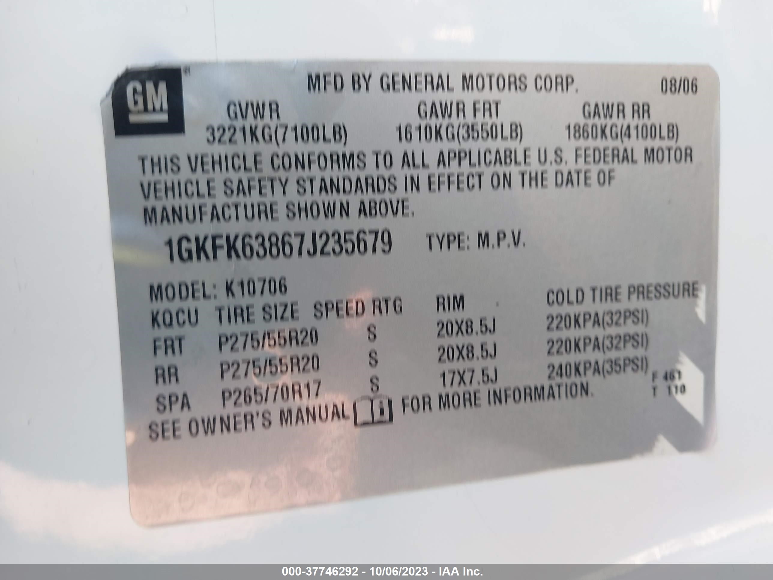 Photo 8 VIN: 1GKFK63867J235679 - GMC YUKON 