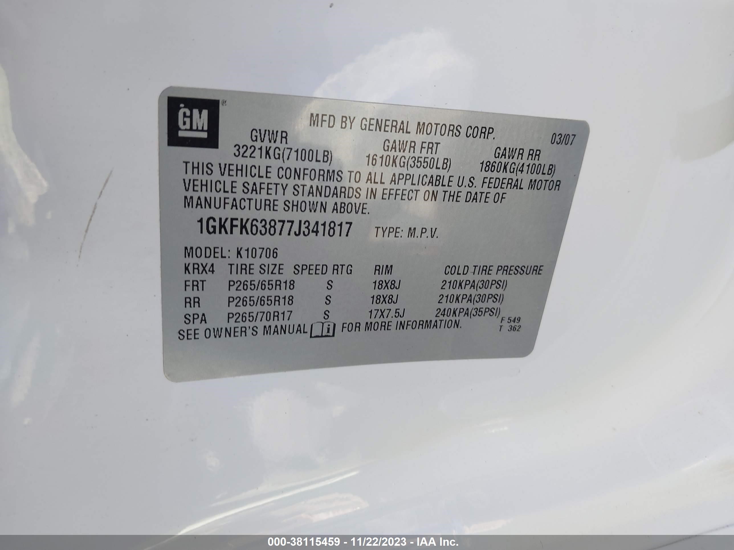 Photo 8 VIN: 1GKFK63877J341817 - GMC YUKON 