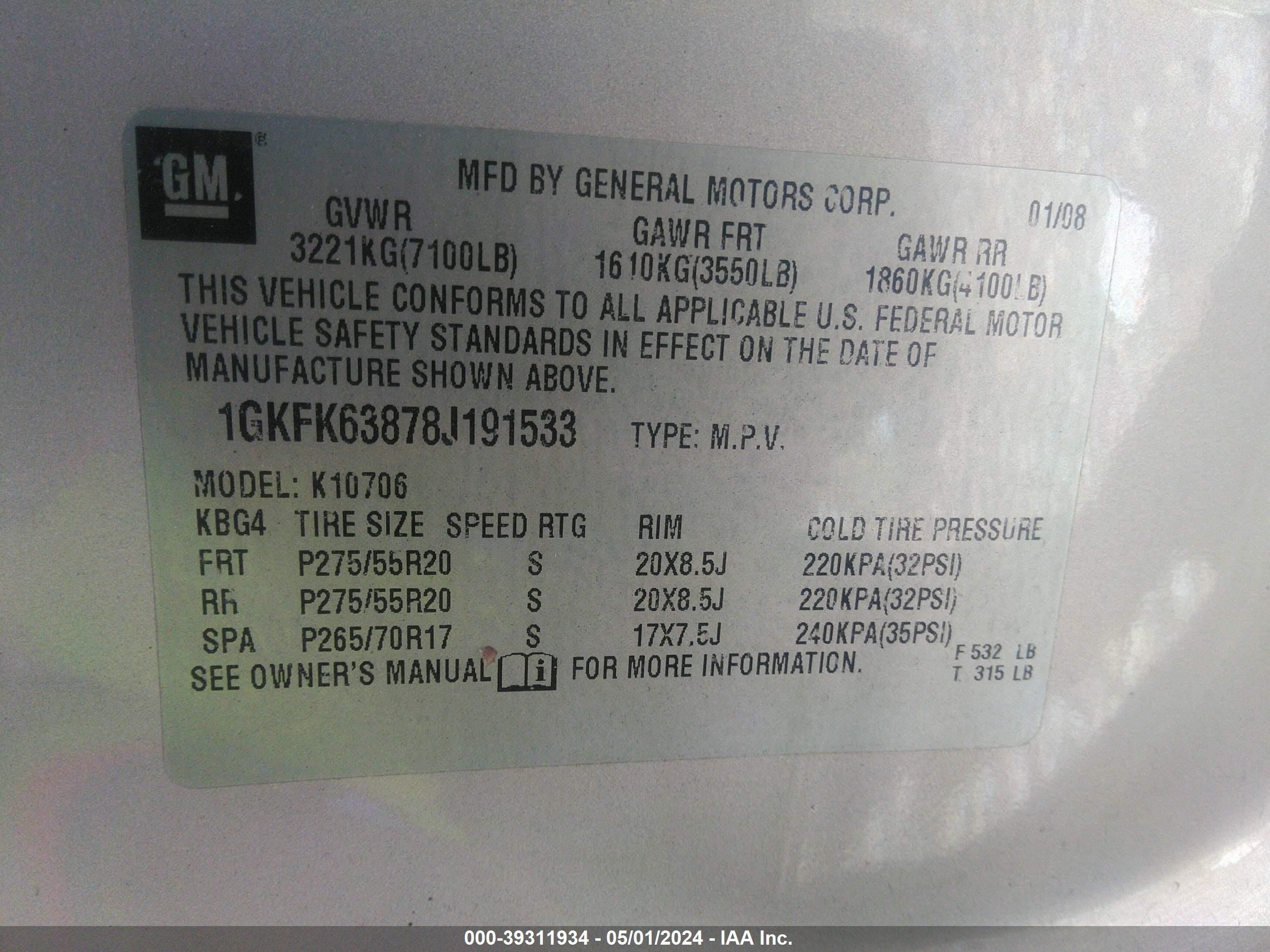 Photo 8 VIN: 1GKFK63878J191533 - GMC YUKON 