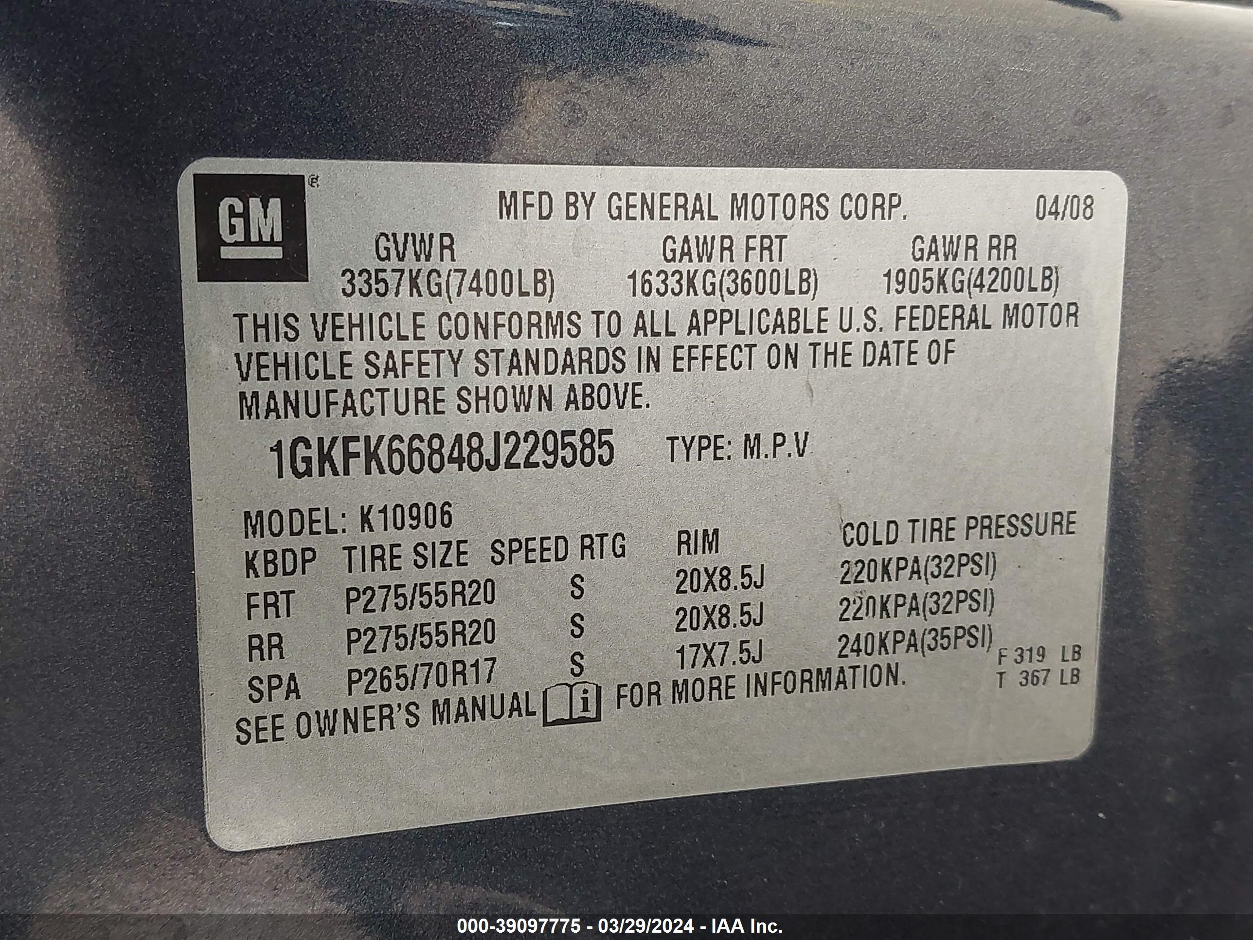 Photo 8 VIN: 1GKFK66848J229585 - GMC NULL 