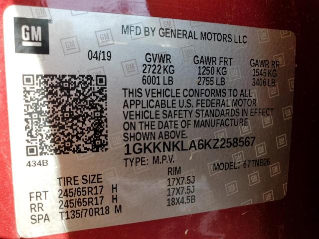 Photo 13 VIN: 1GKKNKLA6KZ258567 - GMC ACADIA SLE 