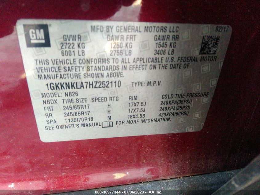 Photo 8 VIN: 1GKKNKLA7HZ252110 - GMC ACADIA 