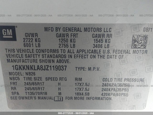 Photo 8 VIN: 1GKKNKLA8JZ119037 - GMC ACADIA 