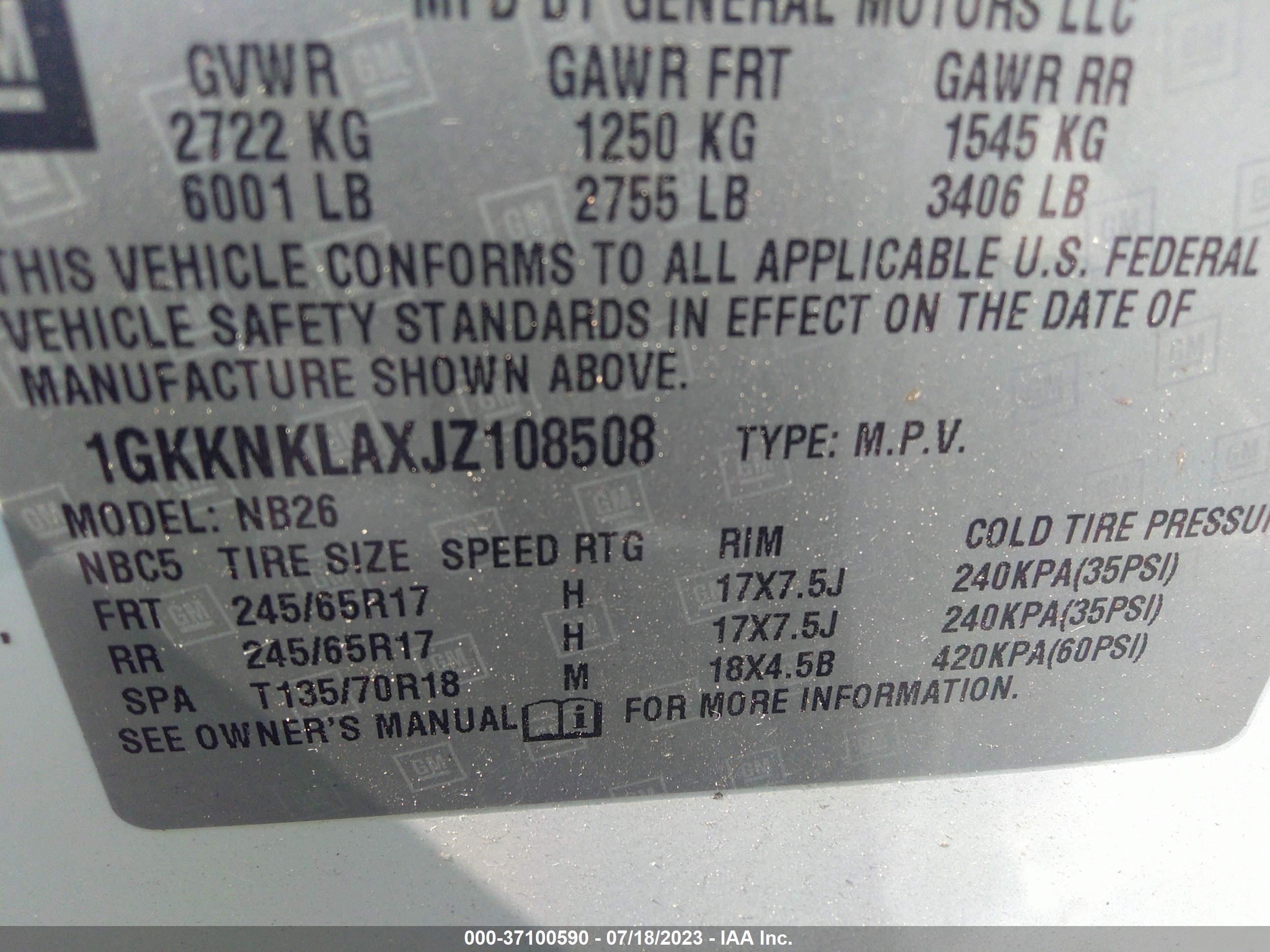 Photo 8 VIN: 1GKKNKLAXJZ108508 - GMC ACADIA 