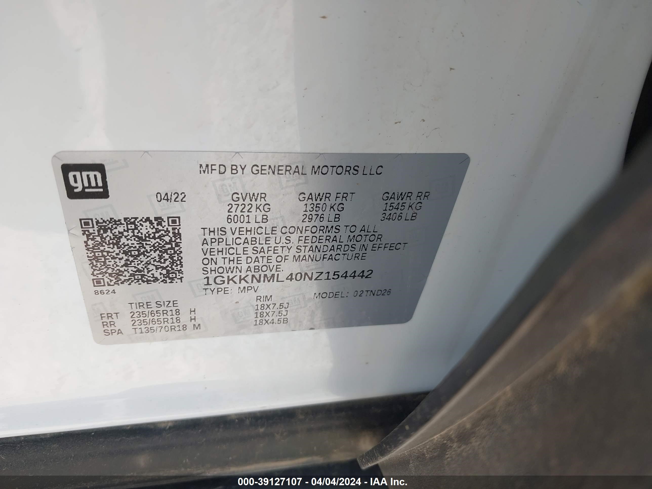 Photo 8 VIN: 1GKKNML40NZ154442 - GMC ACADIA 