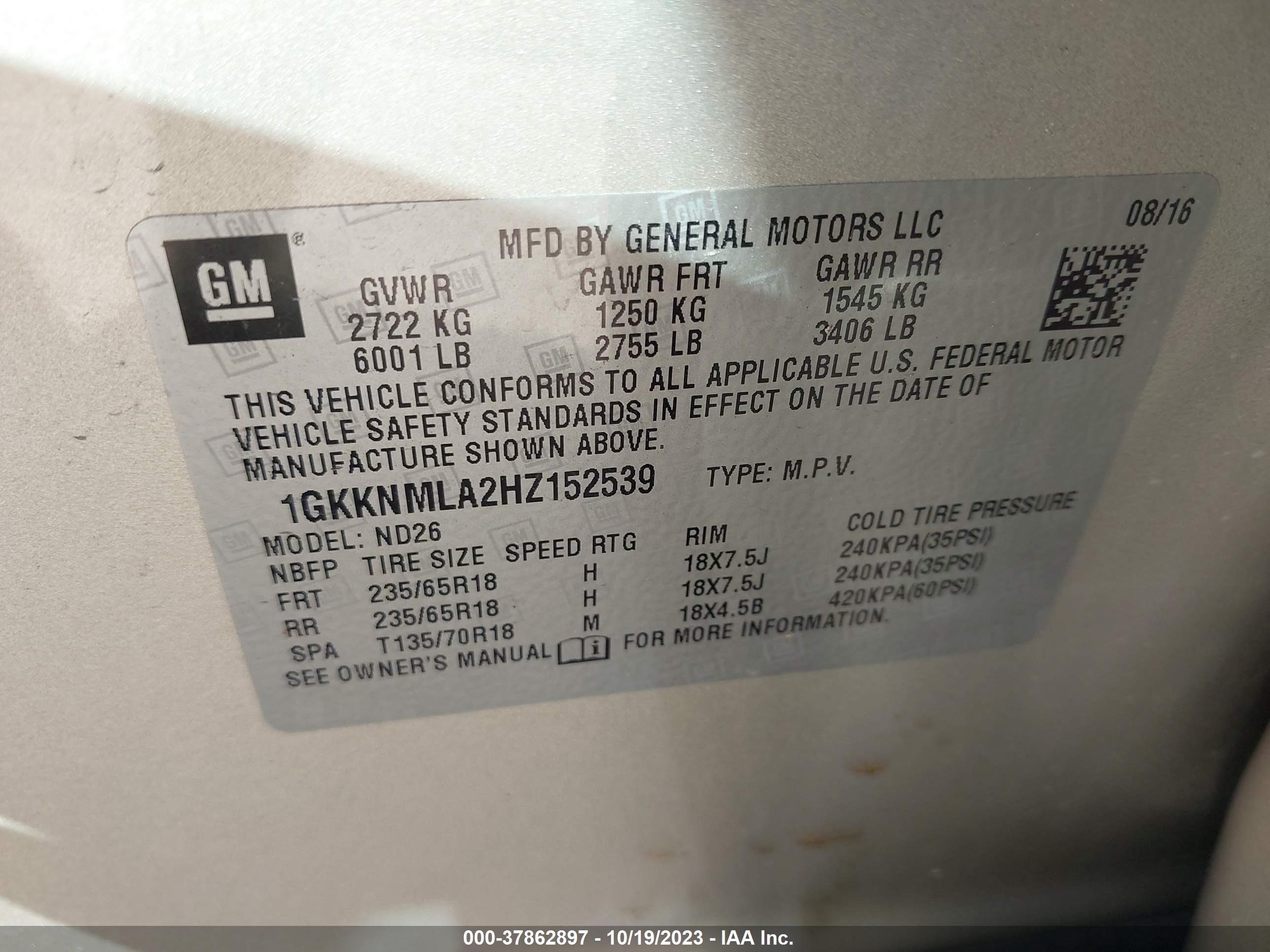 Photo 8 VIN: 1GKKNMLA2HZ152539 - GMC ACADIA 