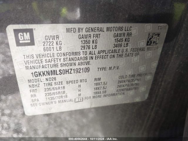 Photo 8 VIN: 1GKKNMLS0HZ192109 - GMC ACADIA 