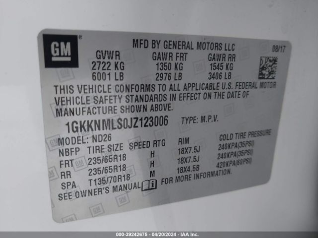 Photo 8 VIN: 1GKKNMLS0JZ123006 - GMC ACADIA 