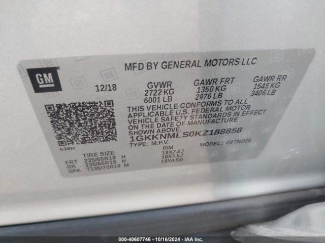 Photo 8 VIN: 1GKKNMLS0KZ188858 - GMC ACADIA 