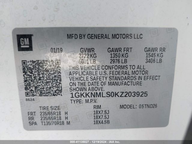 Photo 8 VIN: 1GKKNMLS0KZ203925 - GMC ACADIA 