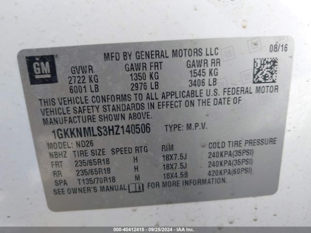 Photo 8 VIN: 1GKKNMLS3HZ140506 - GMC ACADIA 