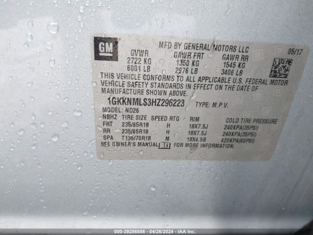 Photo 8 VIN: 1GKKNMLS3HZ296223 - GMC ACADIA 