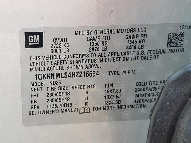 Photo 9 VIN: 1GKKNMLS4HZ216654 - GMC ACADIA SLT 