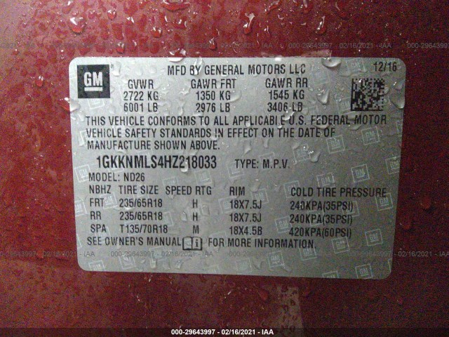 Photo 8 VIN: 1GKKNMLS4HZ218033 - GMC ACADIA 