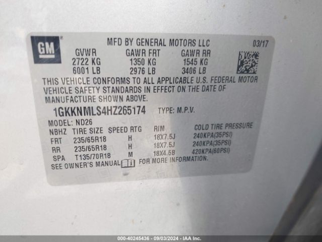 Photo 8 VIN: 1GKKNMLS4HZ265174 - GMC ACADIA 