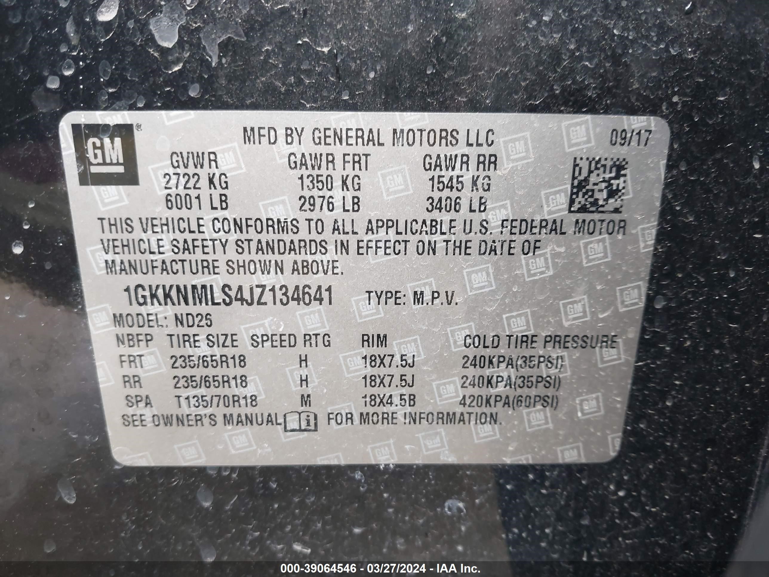 Photo 8 VIN: 1GKKNMLS4JZ134641 - GMC ACADIA 