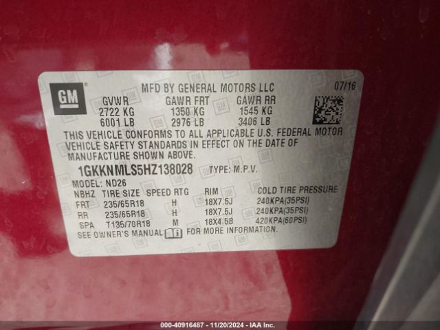 Photo 8 VIN: 1GKKNMLS5HZ138028 - GMC ACADIA 