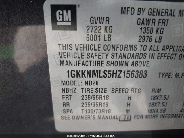 Photo 8 VIN: 1GKKNMLS5HZ156383 - GMC ACADIA 