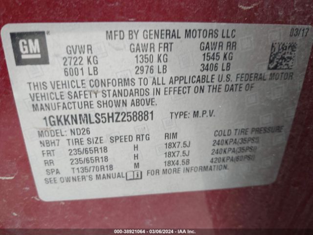 Photo 8 VIN: 1GKKNMLS5HZ258881 - GMC ACADIA 