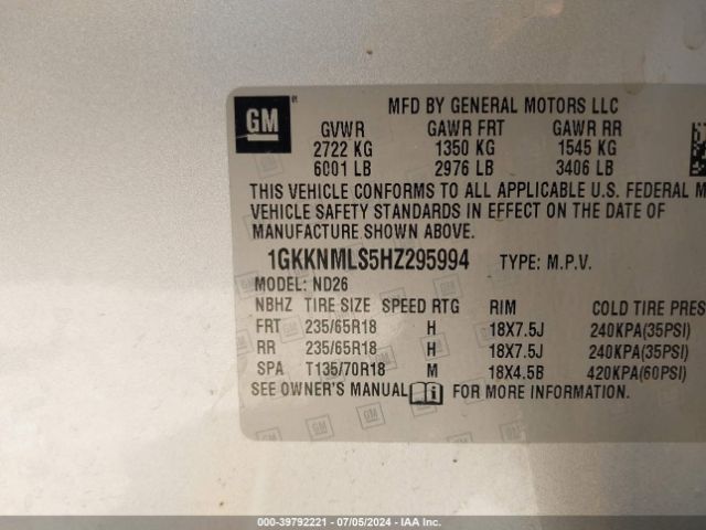 Photo 8 VIN: 1GKKNMLS5HZ295994 - GMC ACADIA 