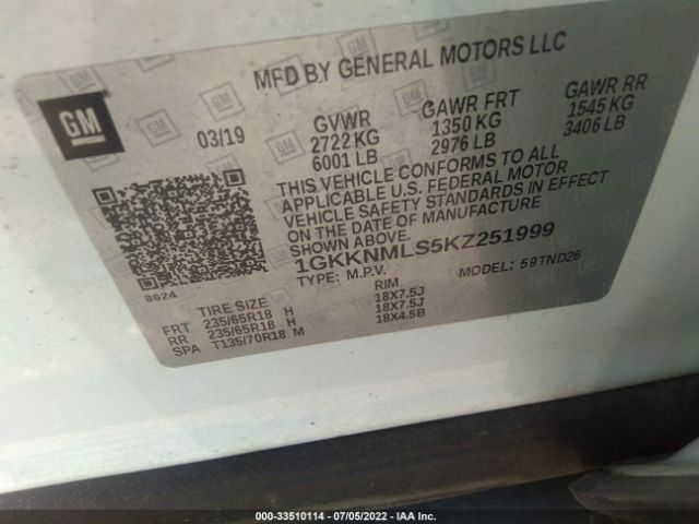 Photo 8 VIN: 1GKKNMLS5KZ251999 - GMC ACADIA 