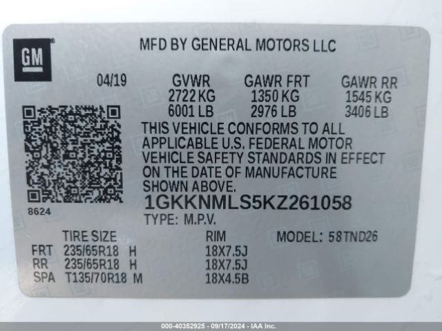 Photo 8 VIN: 1GKKNMLS5KZ261058 - GMC ACADIA 