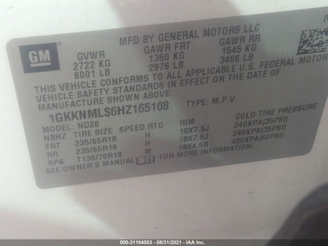 Photo 8 VIN: 1GKKNMLS6HZ165108 - GMC ACADIA 