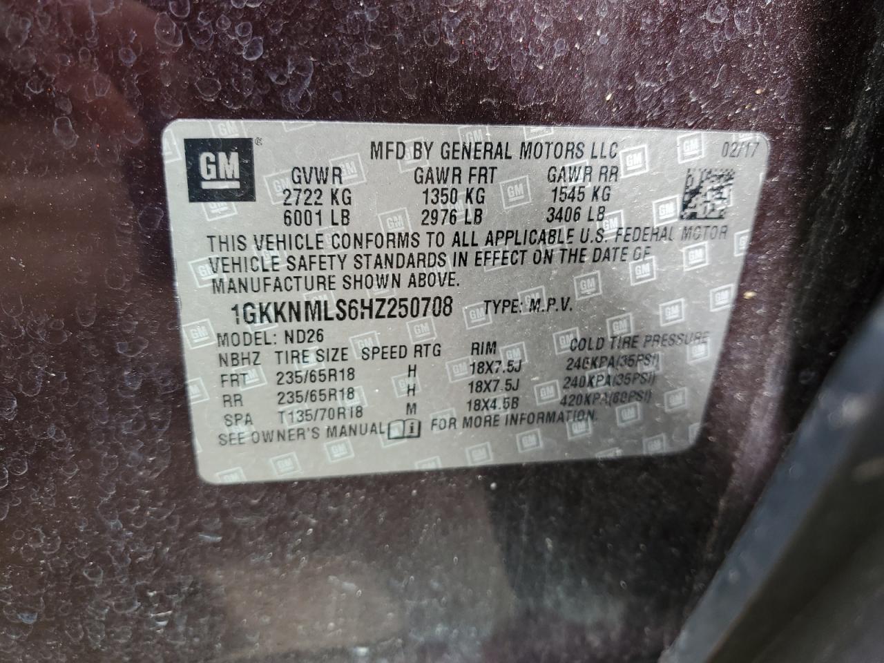 Photo 12 VIN: 1GKKNMLS6HZ250708 - GMC ACADIA 