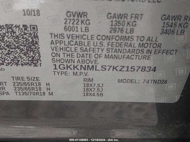 Photo 8 VIN: 1GKKNMLS7KZ157834 - GMC ACADIA 