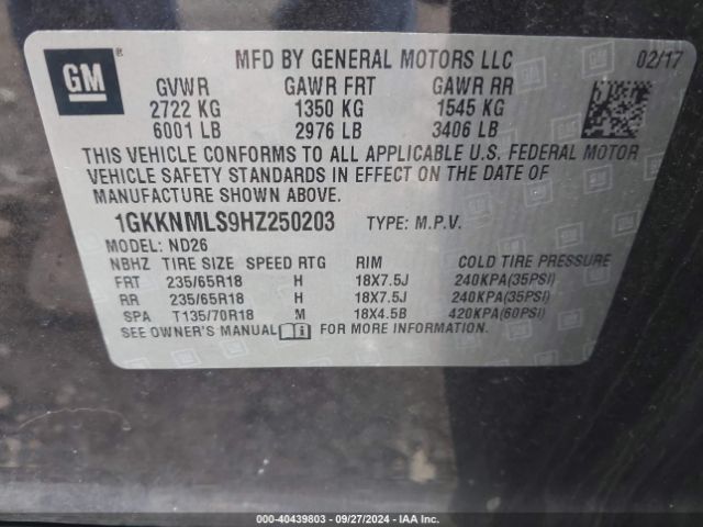 Photo 8 VIN: 1GKKNMLS9HZ250203 - GMC ACADIA 