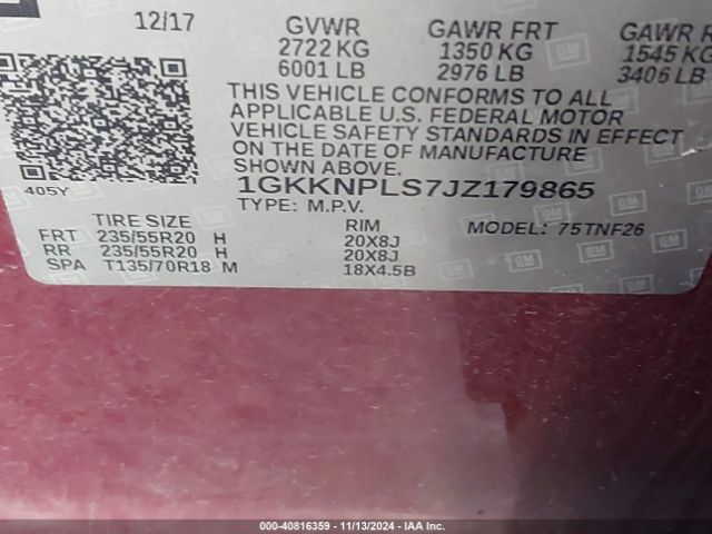 Photo 8 VIN: 1GKKNPLS7JZ179865 - GMC ACADIA 