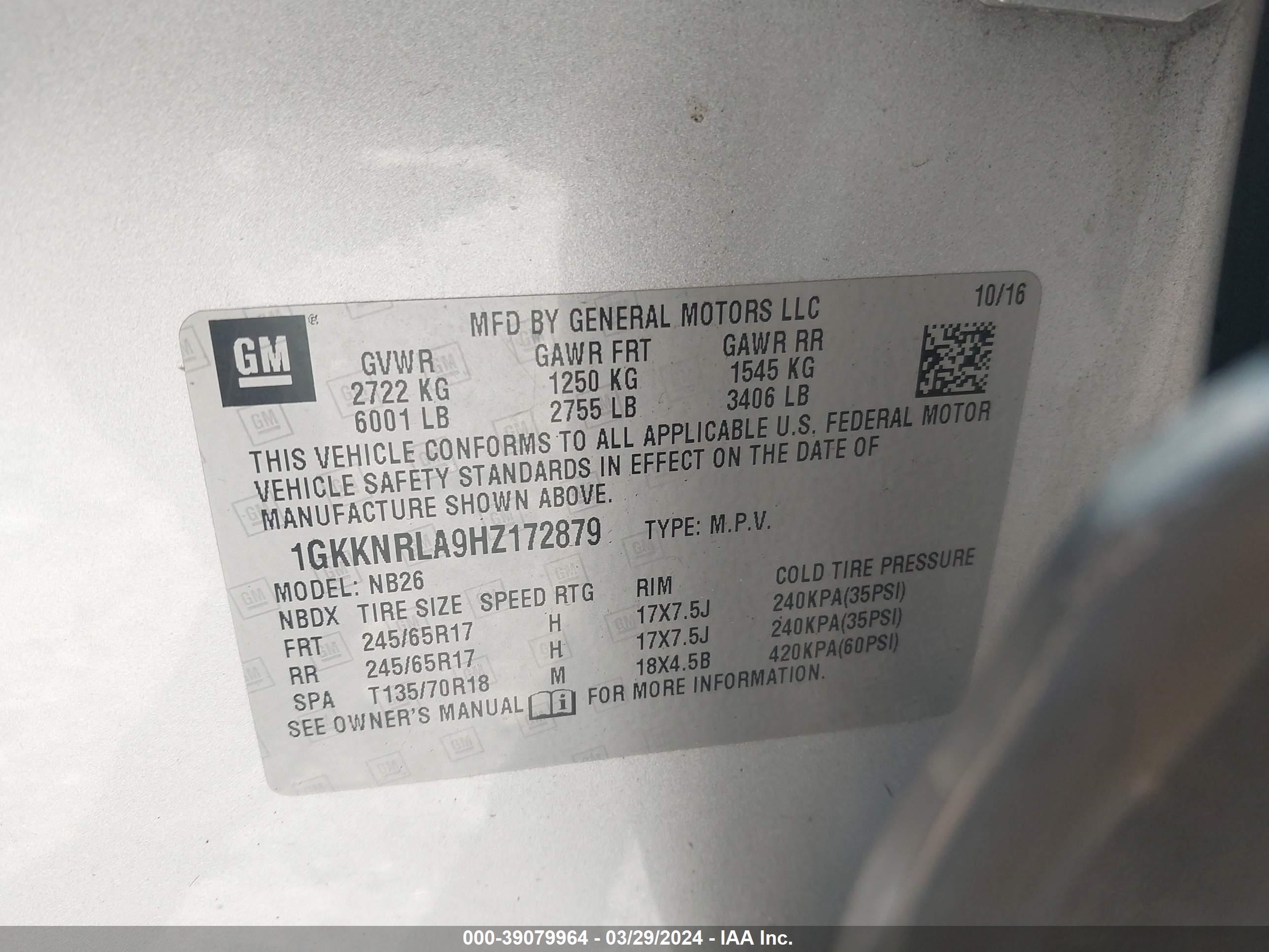 Photo 8 VIN: 1GKKNRLA9HZ172879 - GMC ACADIA 