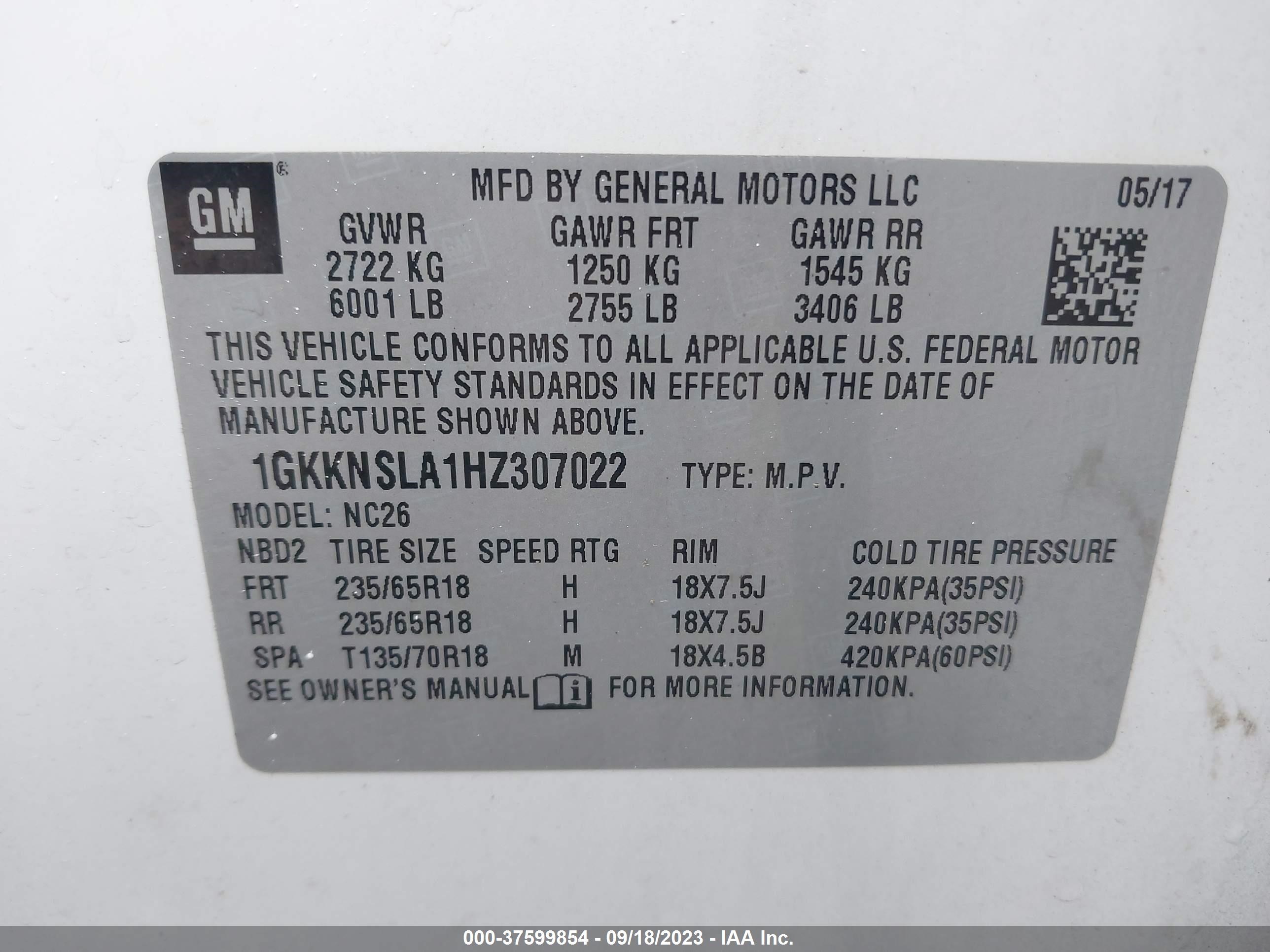 Photo 8 VIN: 1GKKNSLA1HZ307022 - GMC ACADIA 