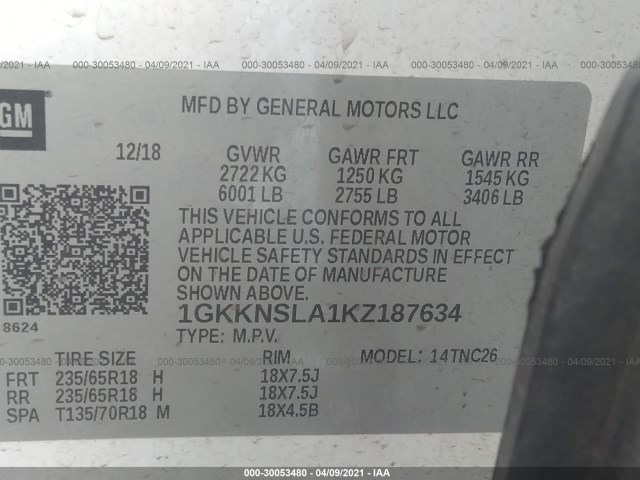 Photo 8 VIN: 1GKKNSLA1KZ187634 - GMC ACADIA 