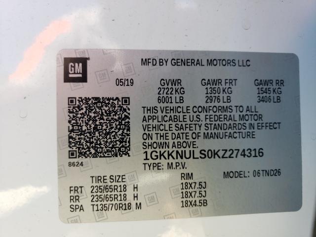 Photo 9 VIN: 1GKKNULS0KZ274316 - GMC ACADIA SLT 