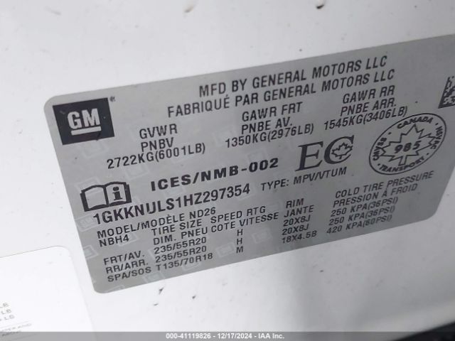 Photo 8 VIN: 1GKKNULS1HZ297354 - GMC ACADIA 