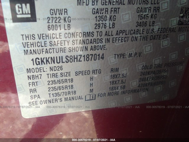 Photo 8 VIN: 1GKKNULS8HZ187014 - GMC ACADIA 