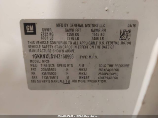 Photo 8 VIN: 1GKKNXLS1HZ160996 - GMC ACADIA 